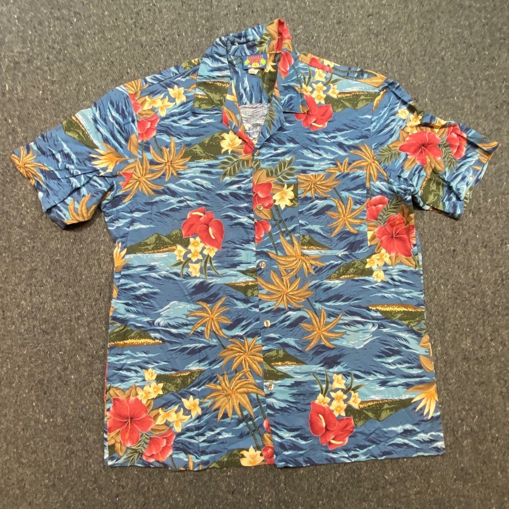 Hawaii Blues Tropical Hawaiian‎ Shirt L Large Mens Blue Floral Cotton Island 90s